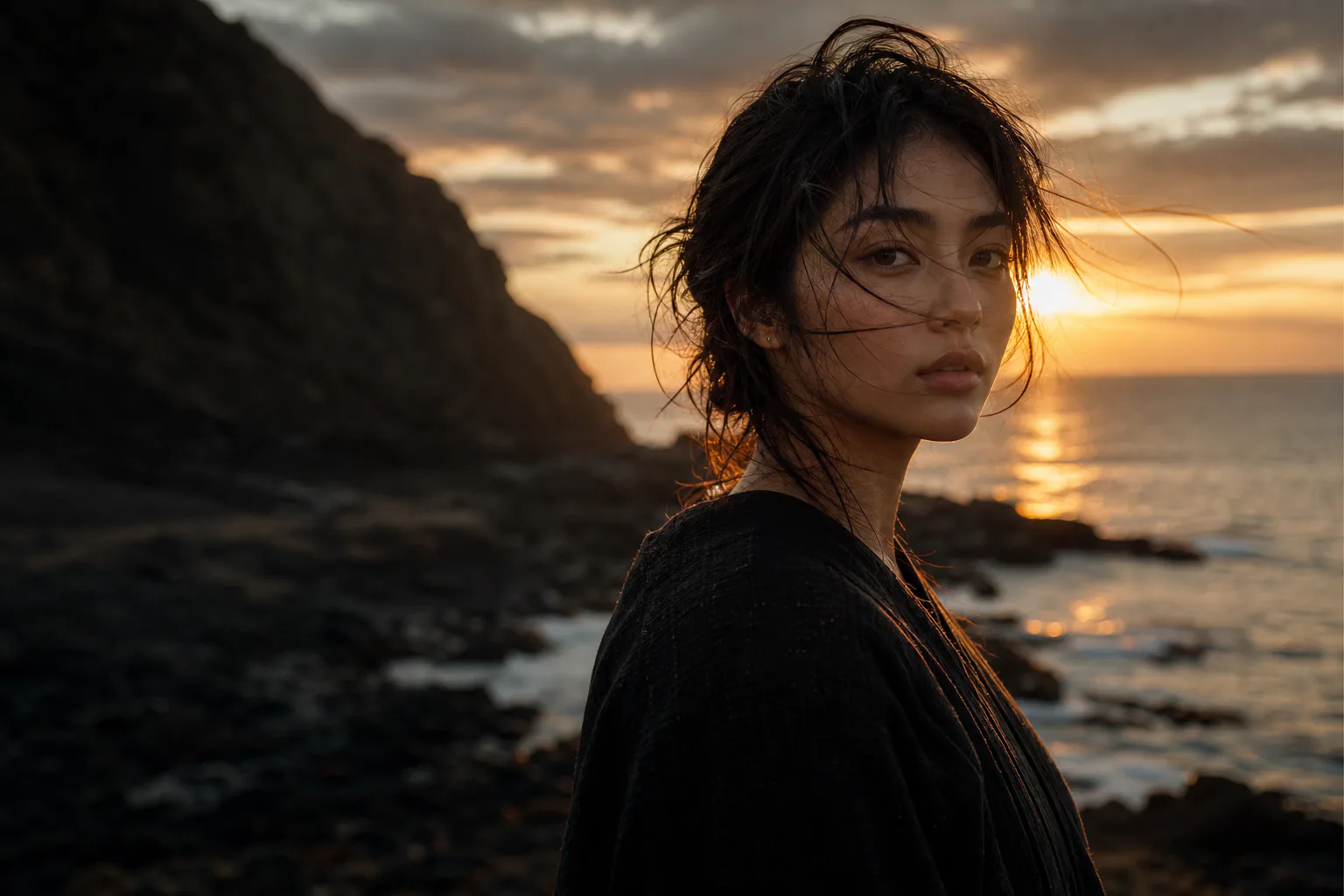 Cinematic portrait of a woman by the sea at sunset.