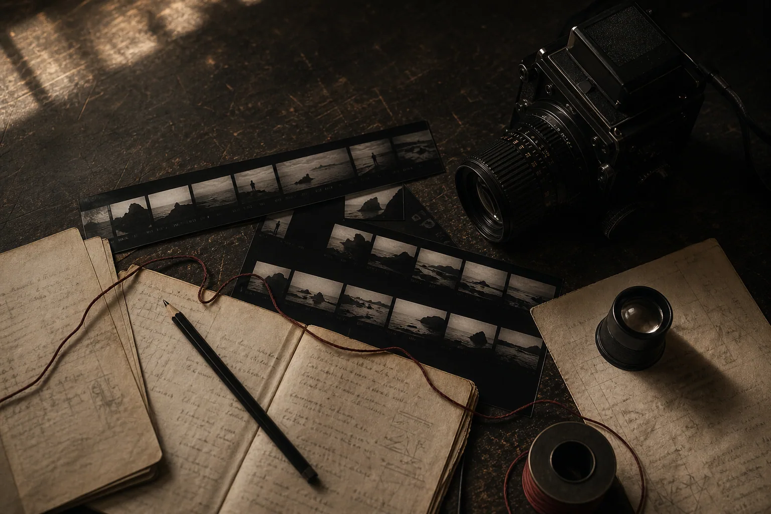 A work table with camera, contact sheets and field notebooks.