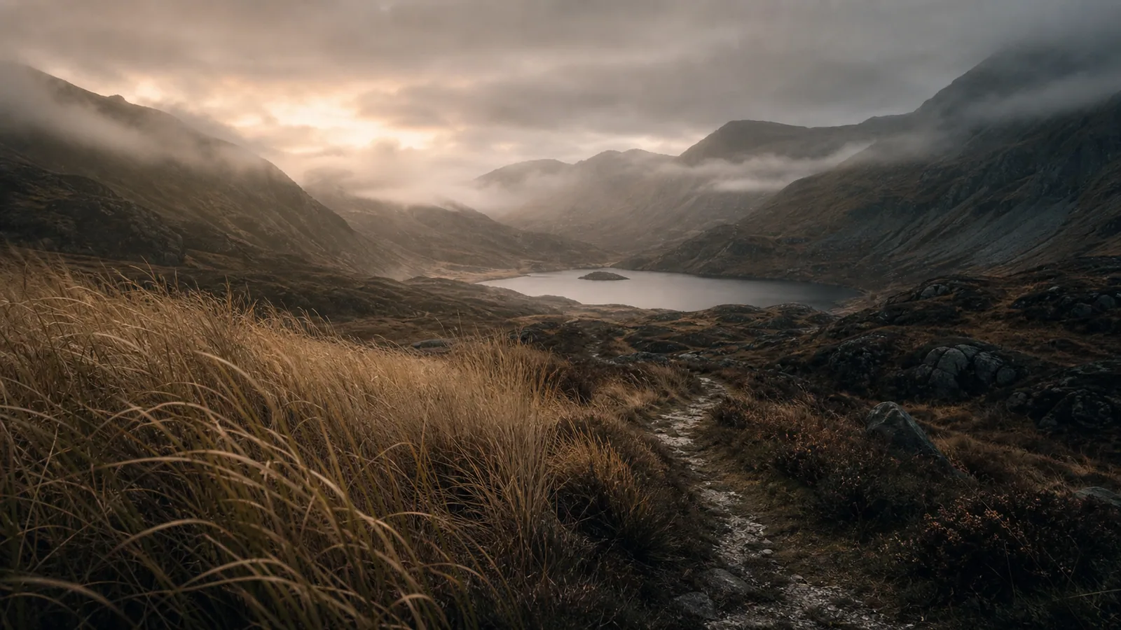 A remote valley with mist, reeds and a lake.