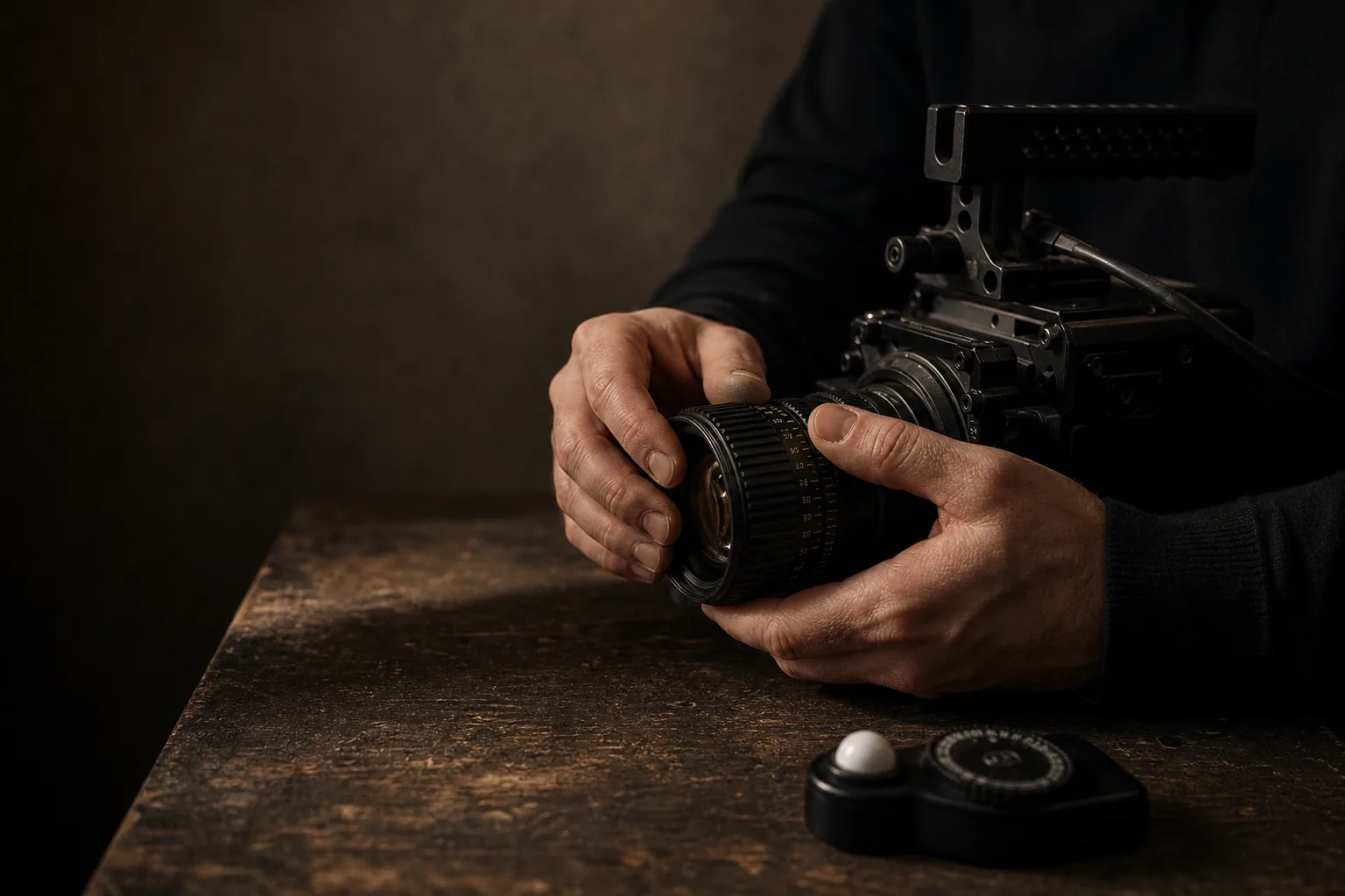 Hands adjust a cinema lens on a dark table.