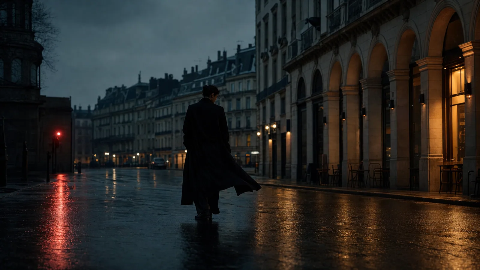 A dancer in a black coat on a wet street at blue hour.
