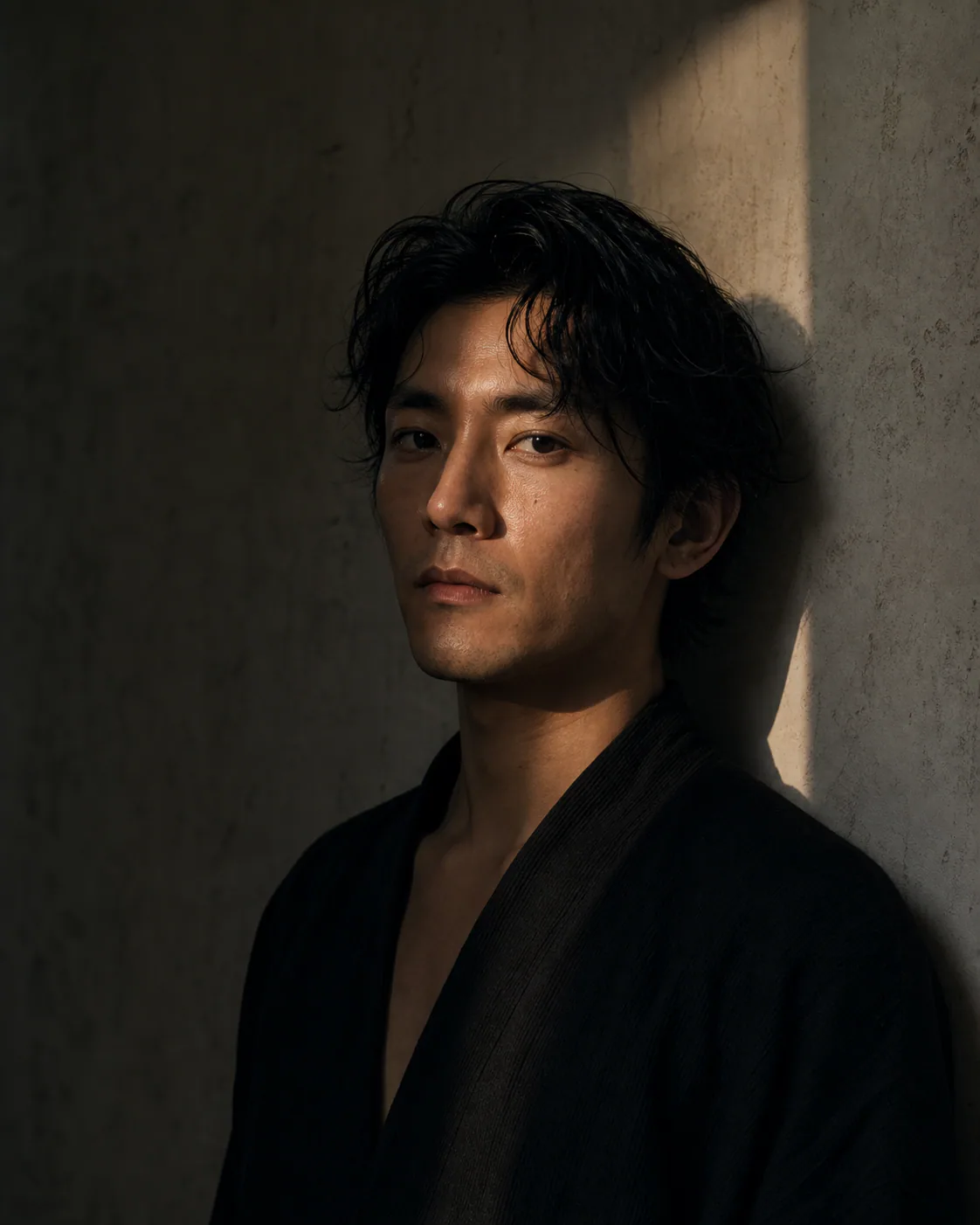 Editorial portrait of a man beneath a band of warm light.