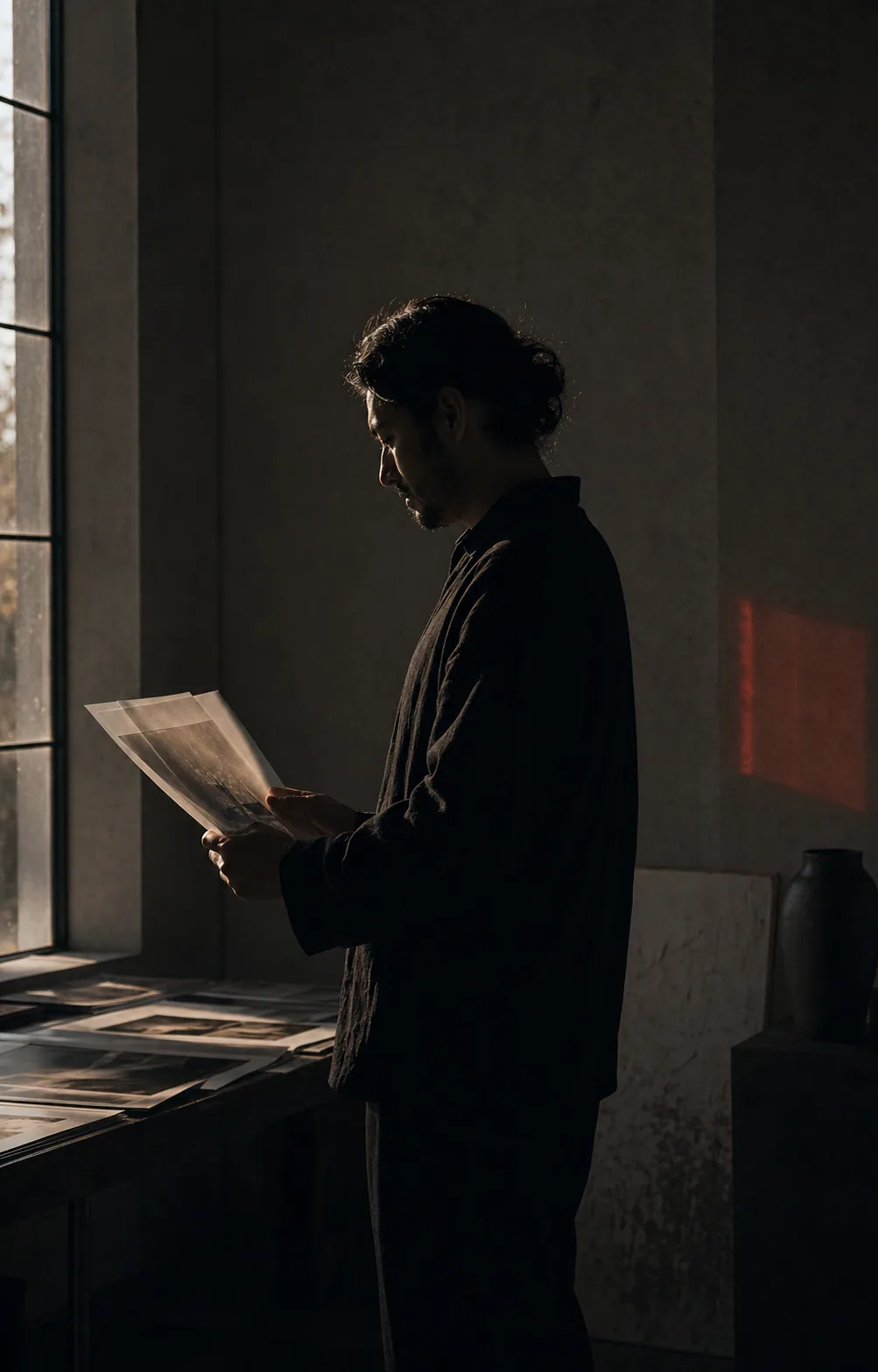 Visual director reviewing contact sheets beside a studio window.