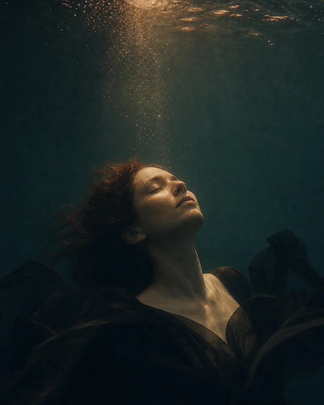 A poetic underwater portrait among bubbles and dark fabric.
