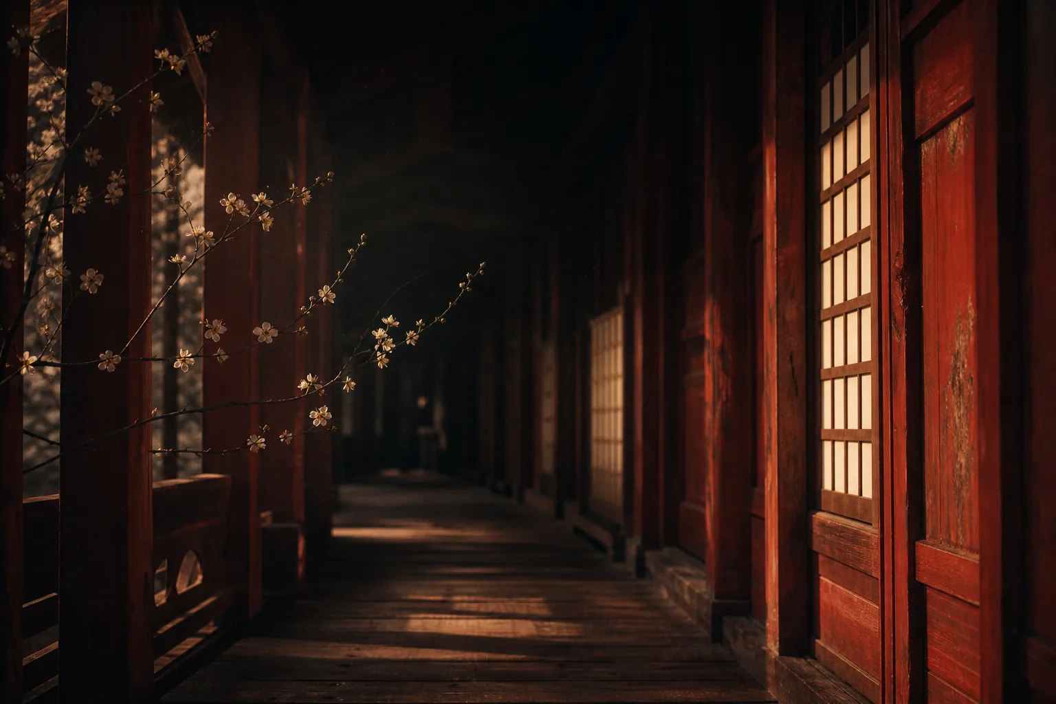 A vermilion timber corridor lit from the side.